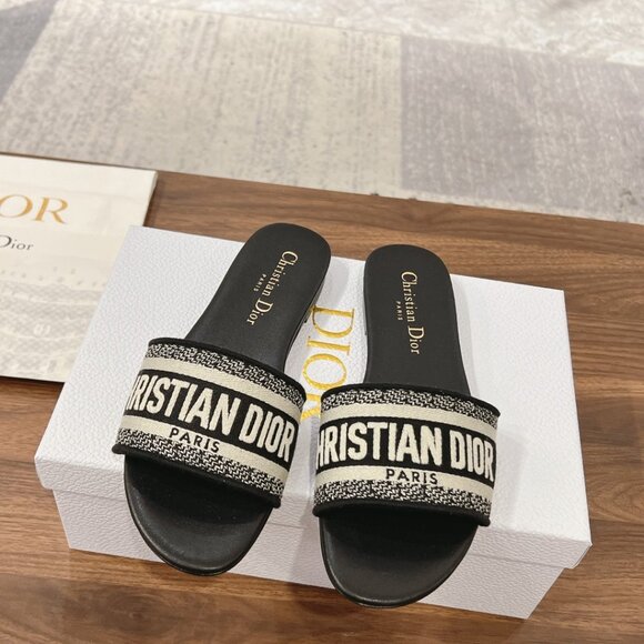 Christian Dior Dway Slide Black embroidered cotton - Picture 1 of 9